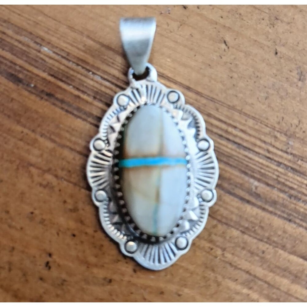Sterling Silver Southwest Navajo Style White Buffalo Turquoise Pendant 925 -1.5 - Picture 4 of 13